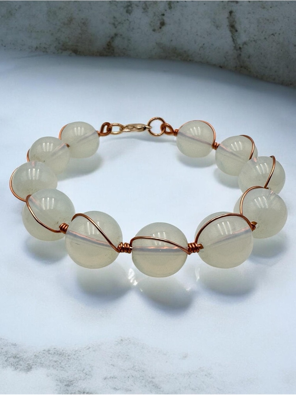 White Beaded Wire Wrapped Bracelet Handmade Jewelry Gift
